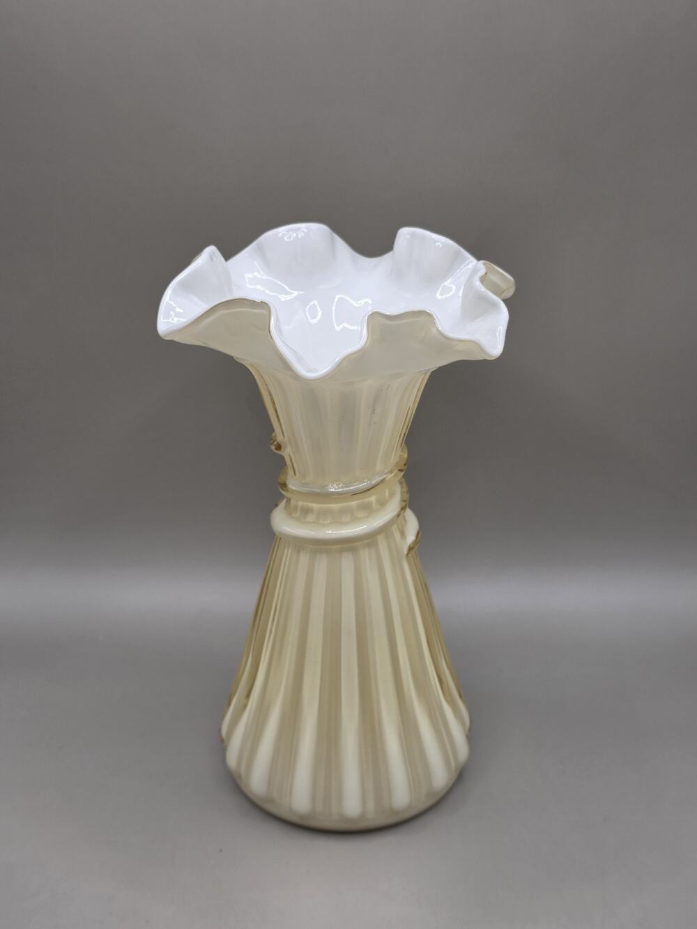 Vtg Fenton Candleglow Ylw Wheat Vase White Cased Glass 7.75" Ruffle Rim Pre-70's